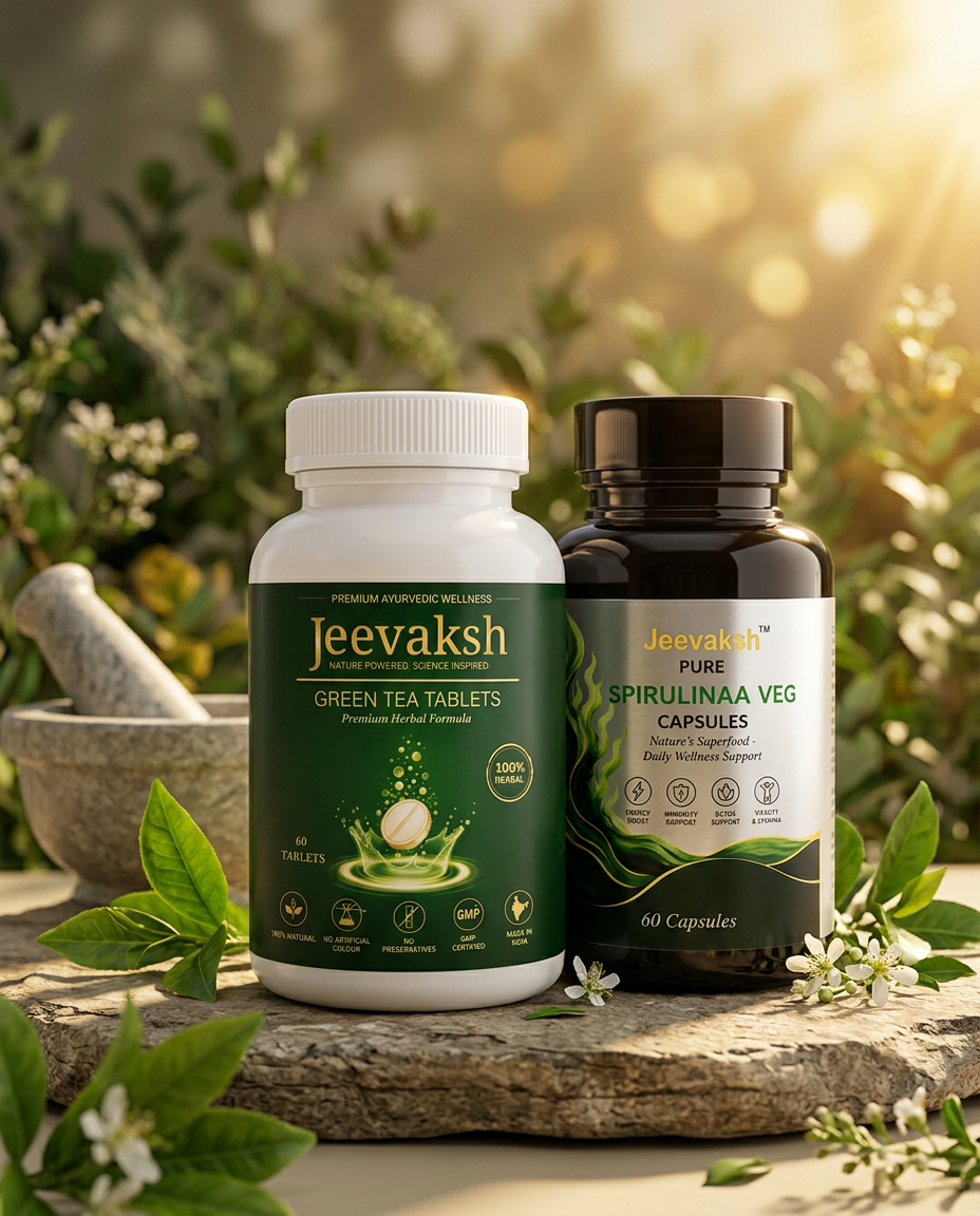 JEEVAKSH™ Green Tea Tablets and Spirulina Capsules with fresh green tea leaves