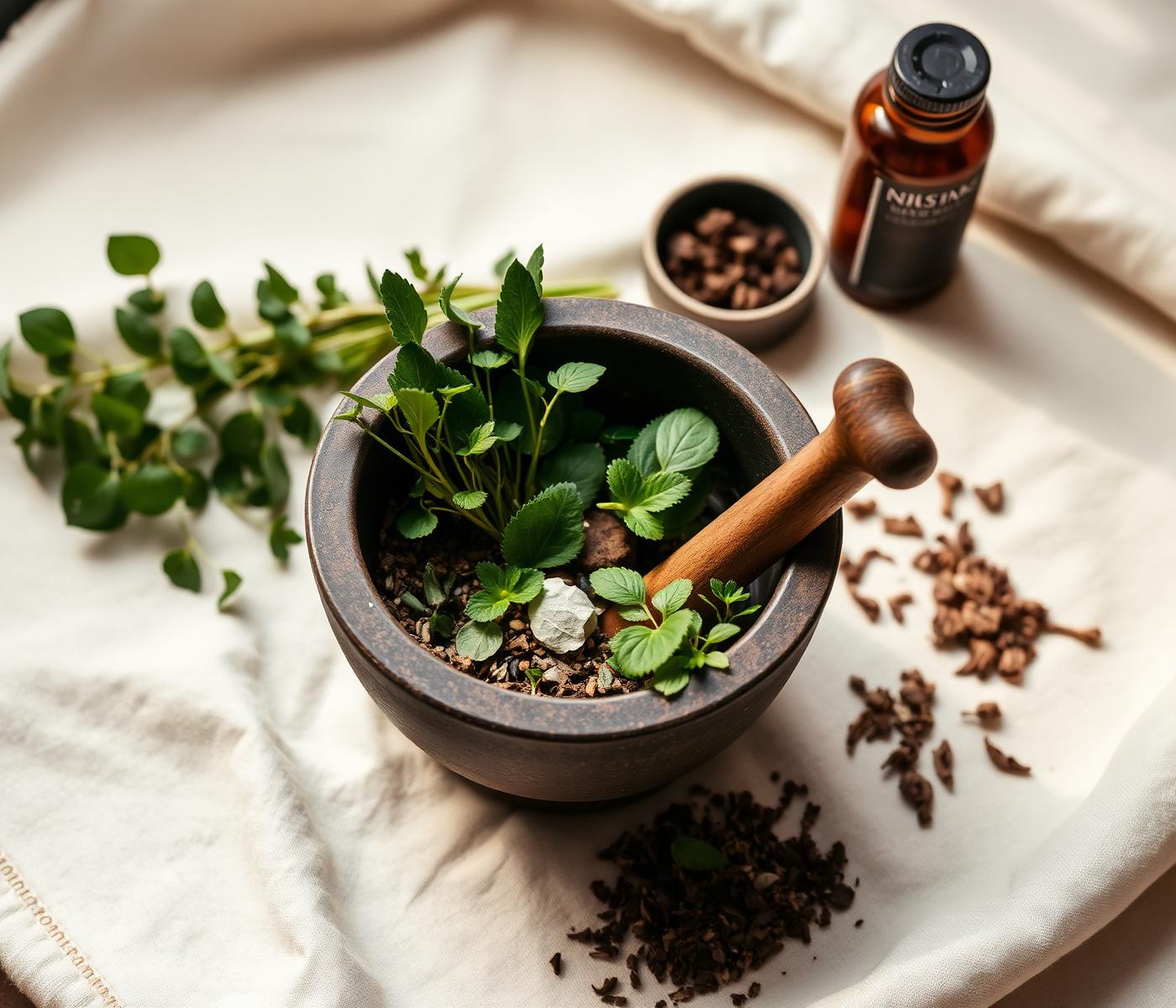 Ayurvedic herbs in a mortar and pestle on natural linen